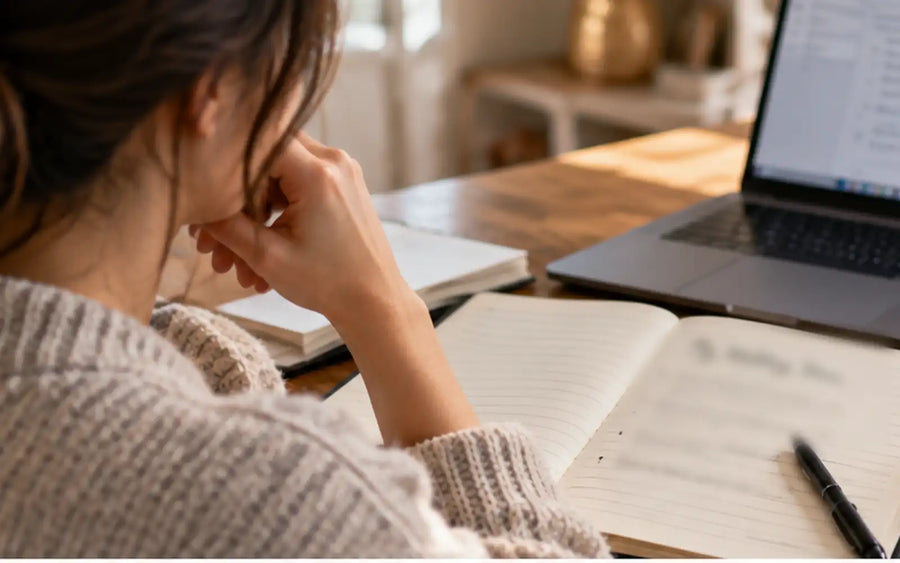 A person pausing over a wedding-vow draft at a desk while trying to find the opening words.