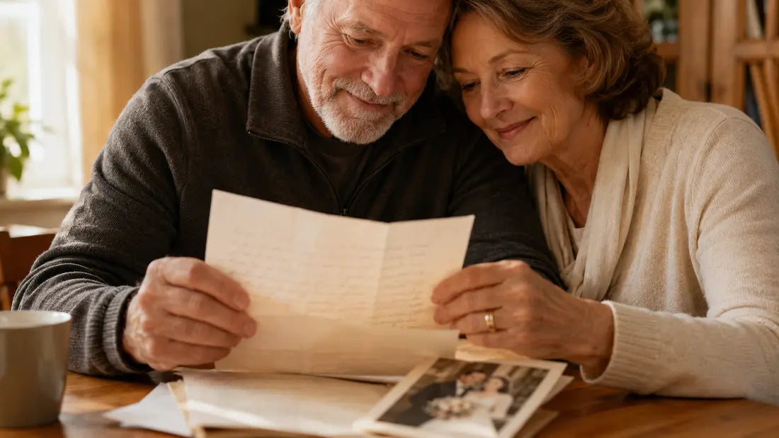 A couple rereading their original wedding vows