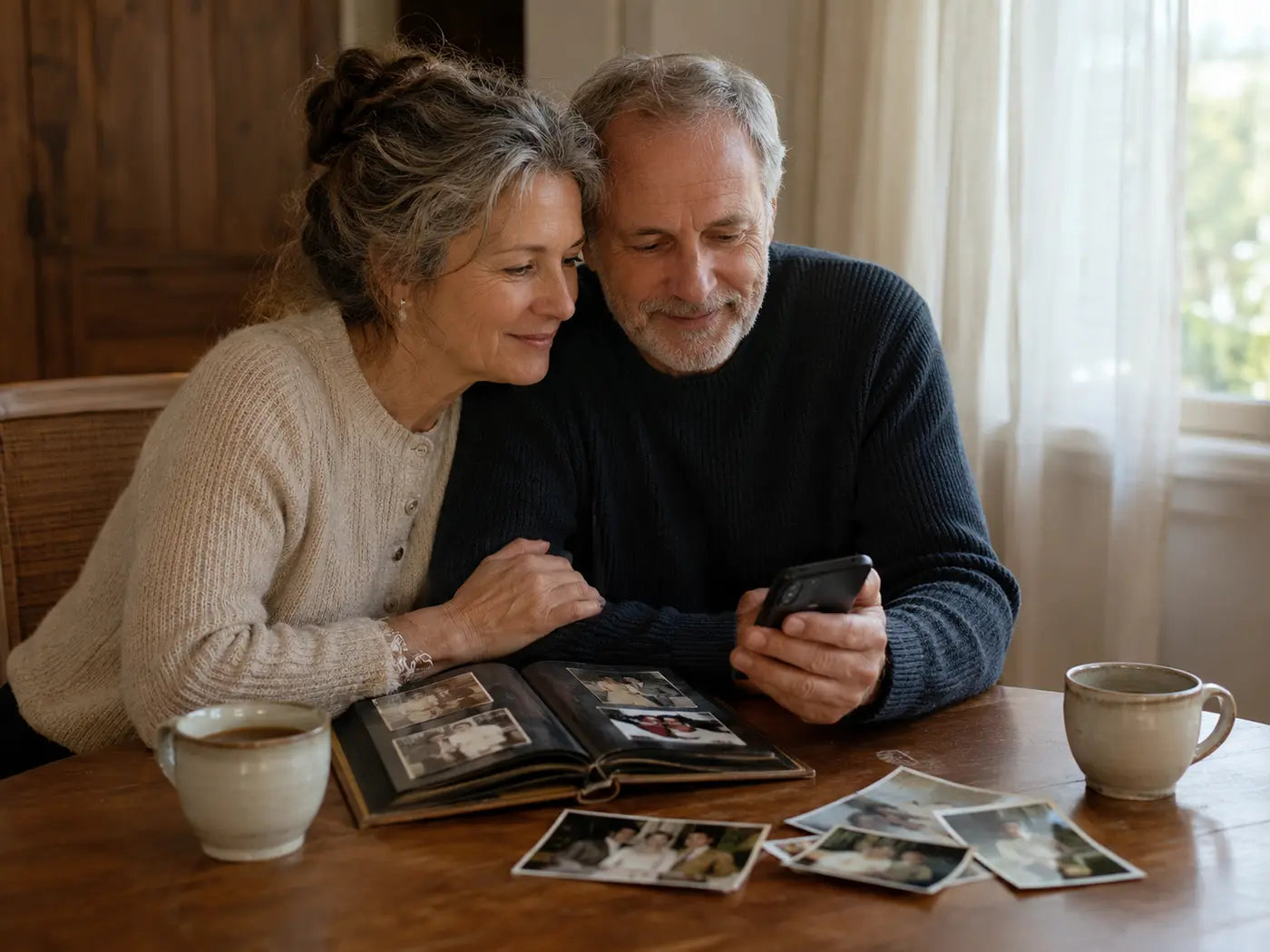 A couple listening to a familiar voice note while looking through years of memories