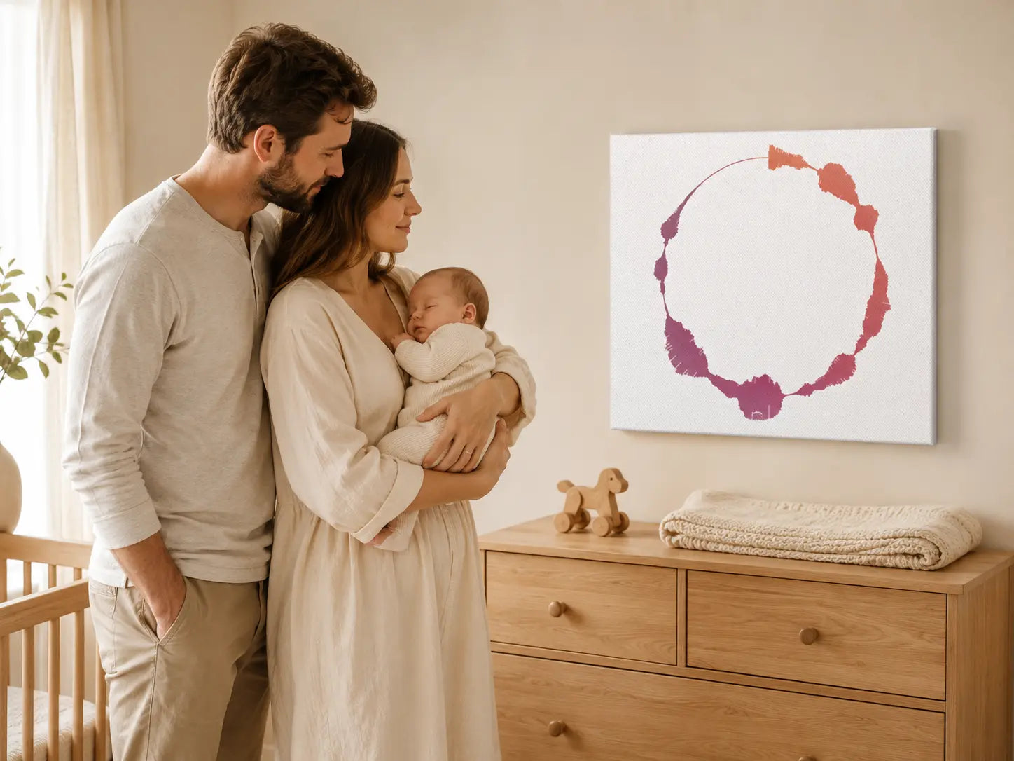 Parents preserving their baby's one-of-a-kind voice as soundwave canvas art