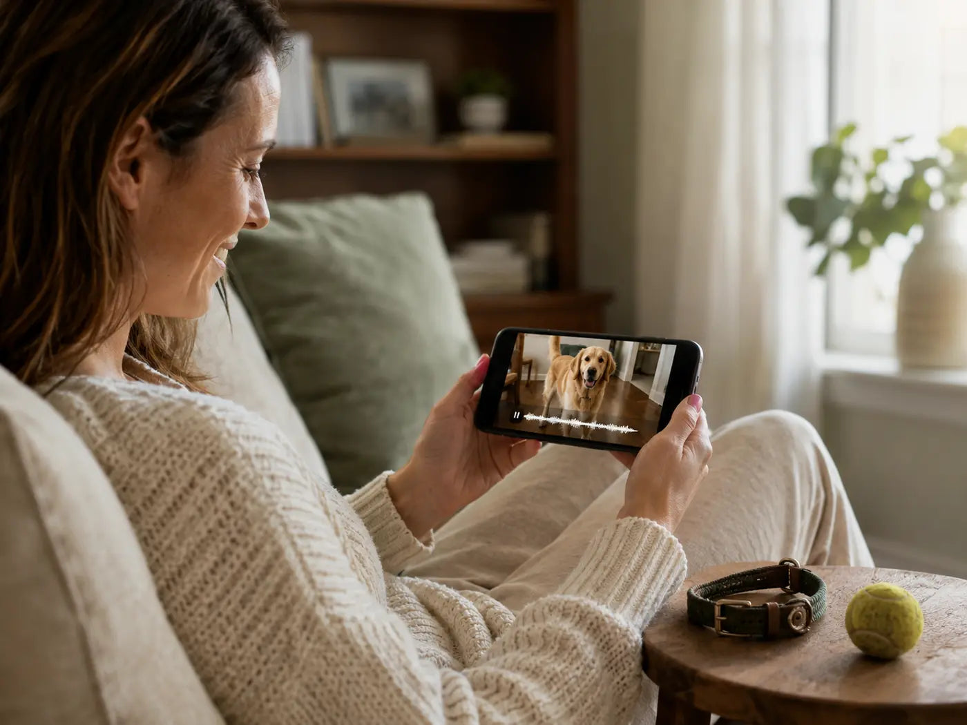 A pet owner replaying the favorite video and familiar sound of a beloved dog