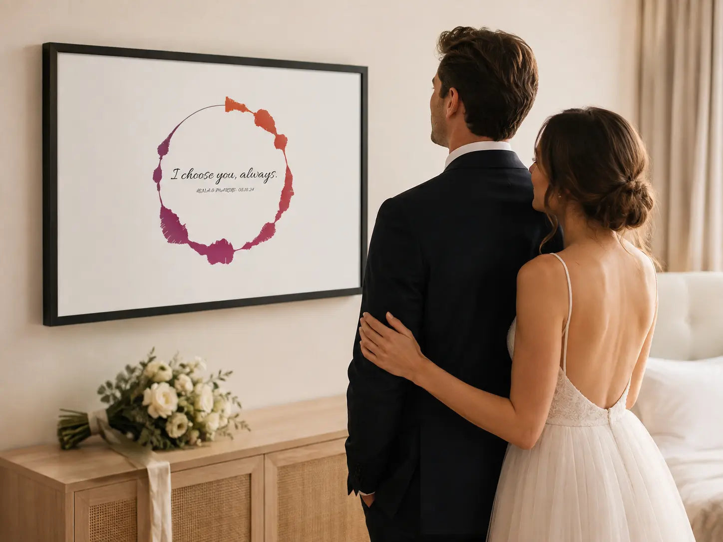 Newlyweds viewing their one-of-a-kind wedding vow soundwave artwork