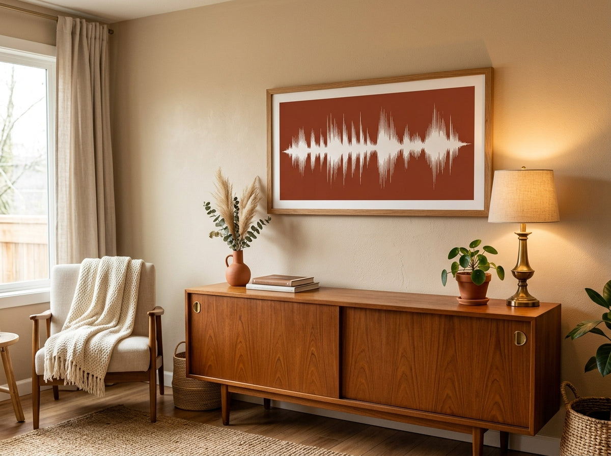 Framed soundwave art resting on console table
